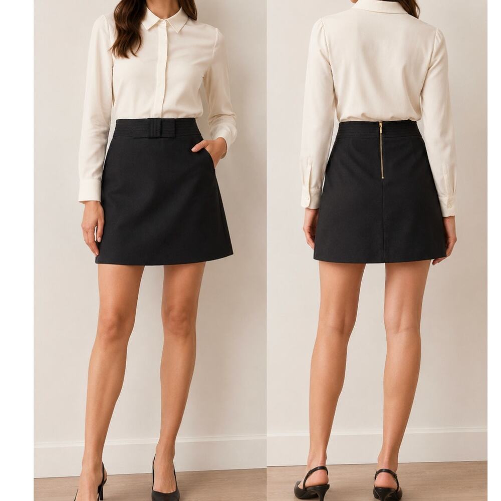 Kate Spade Black A-Line Mini Skirt Gold Zip Back Career Preppy Office Siren SZ 6